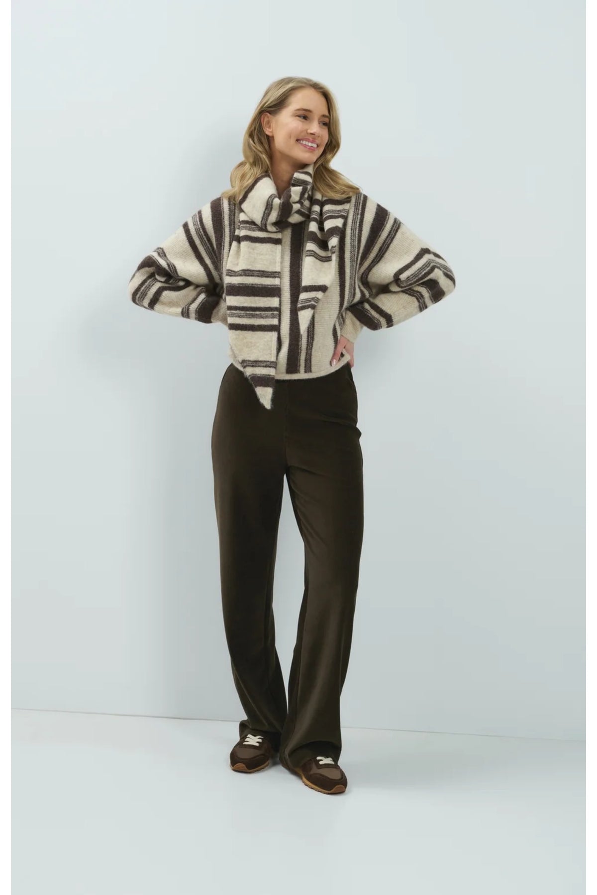 Yaya 01-309292-610 Wide Leg Trousers in Soft Rib Velour Delicioso Brown by YAYA. Shop YAYA at Dotique.
