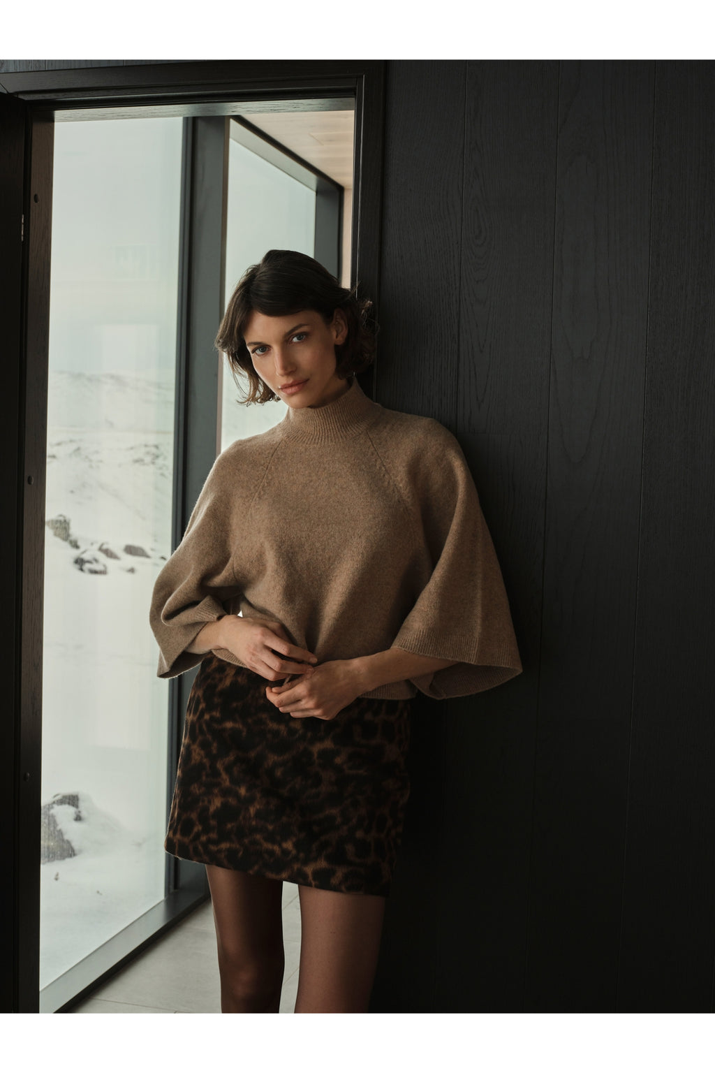 Yaya 01-401103-610 Leopard Print Mini Skirt Coco Brown Dessin worn by model. Shop YAYA at Dotique.