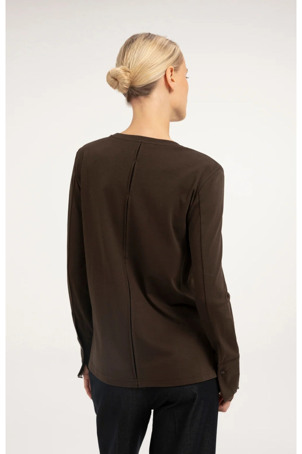 Yaya 01-709438-610 Jersey Top with Lace Cuffs Delicioso Brown by YAYA shown from the back. Shop YAYA at Dotique