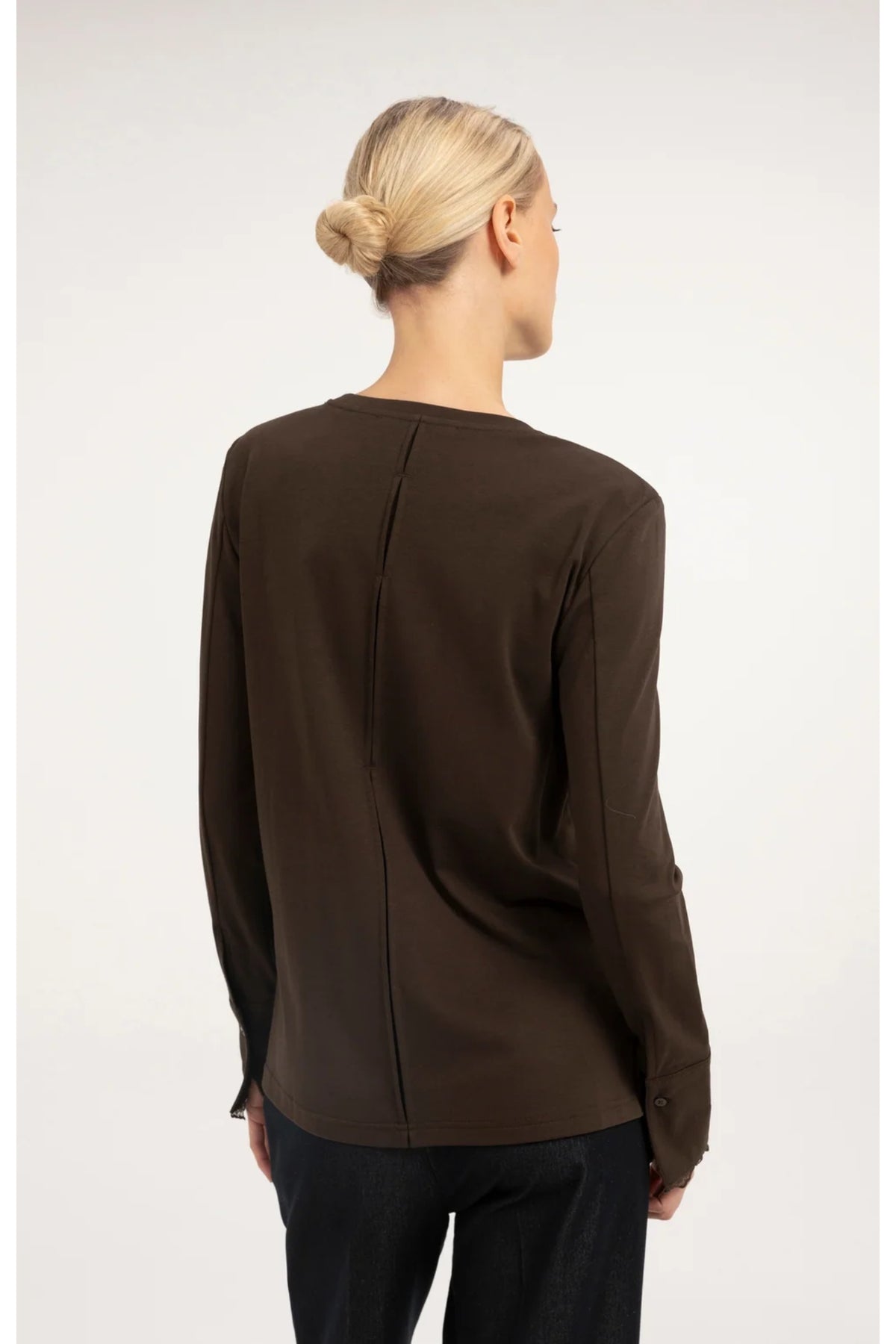 Yaya 01-709438-610 Jersey Top with Lace Cuffs Delicioso Brown by YAYA shown from the back. Shop YAYA at Dotique