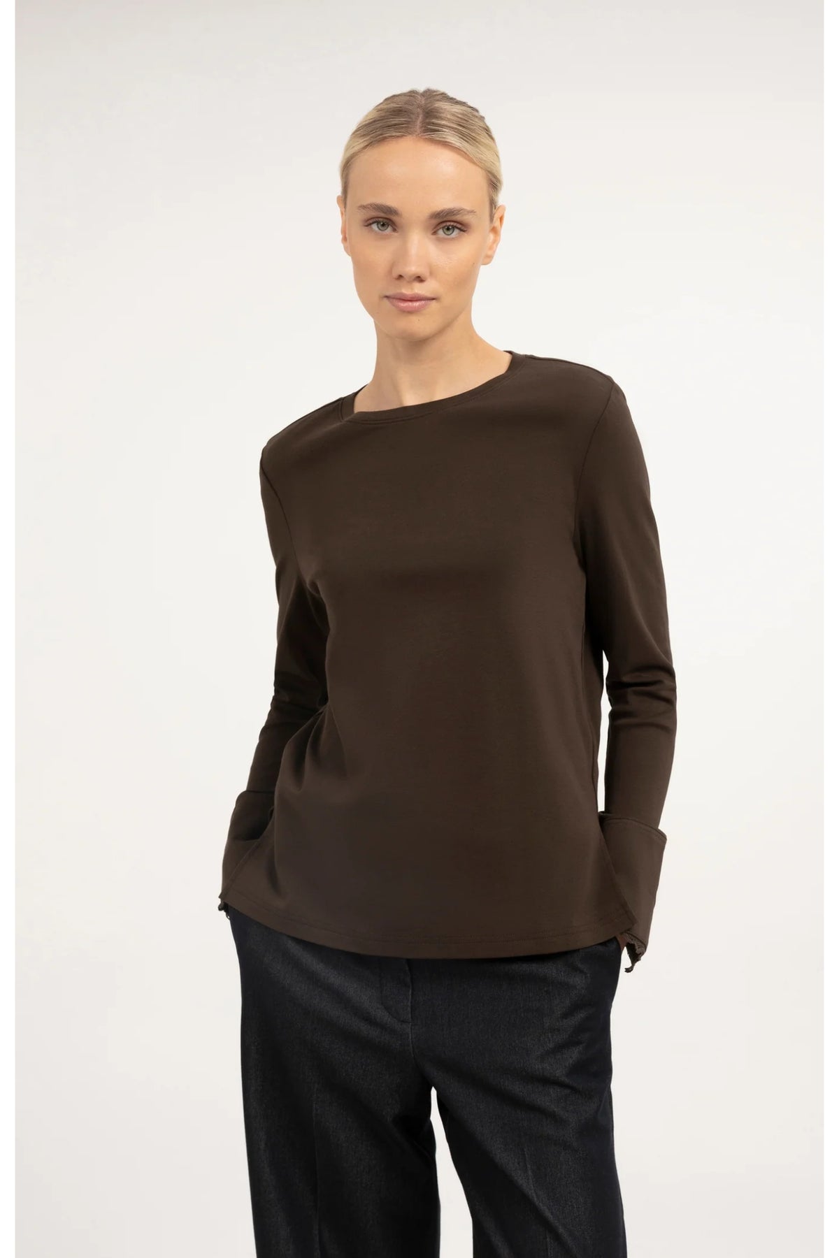 Yaya 01-709438-610 Jersey Top with Lace Cuffs Delicioso Brown by YAYA. Shop YAYA at Dotique.