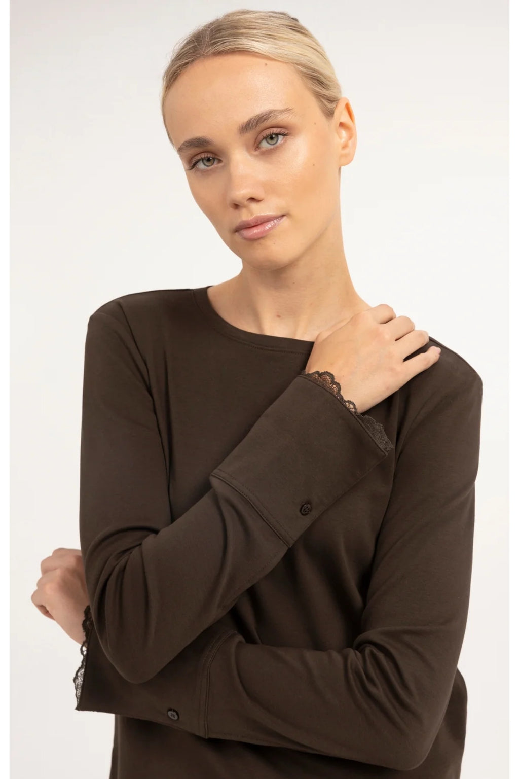 Yaya 01-709438-610 Jersey Top with Lace Cuffs Delicioso Brown YAYA Shop YAYA at Dotique