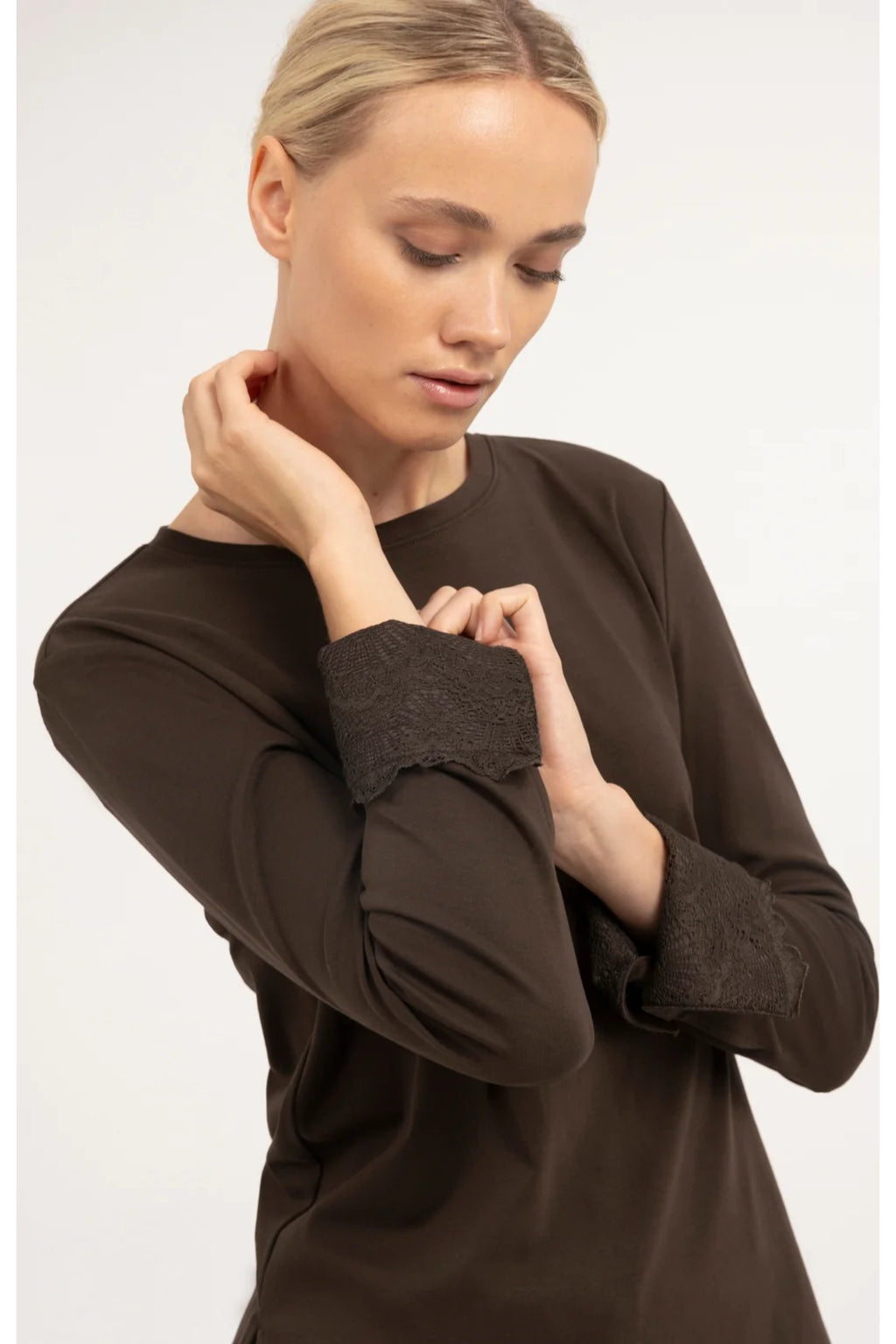 Yaya 01-709438-610 Jersey Top with Lace Cuffs Delicioso Brown by YAYA. Shop YAYA at Dotique