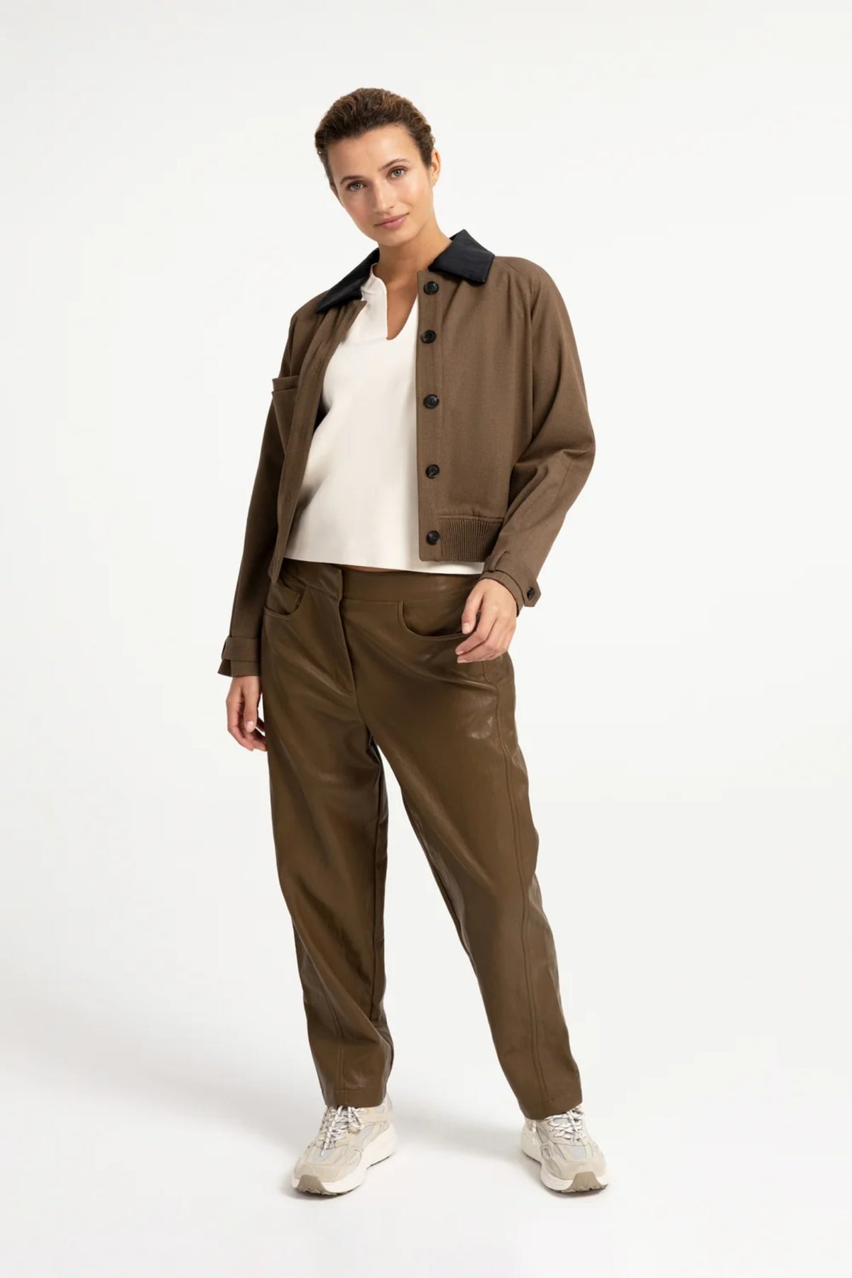 Yaya 02-001079-608 Jacket with Leather Look Collar Teak Brown Melange