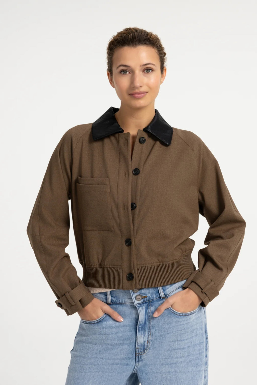 Yaya 02-001079-608 Jacket with Leather Look Collar Teak Brown Melange