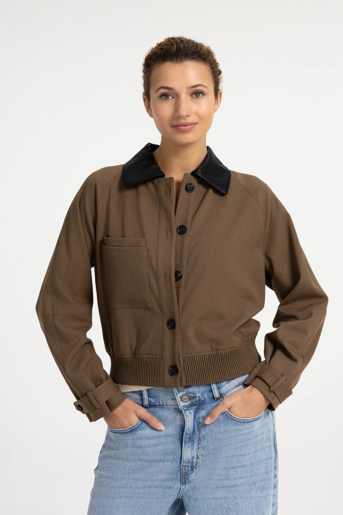 Yaya 02-001079-608 Jacket with Leather Look Collar Teak Brown Melange