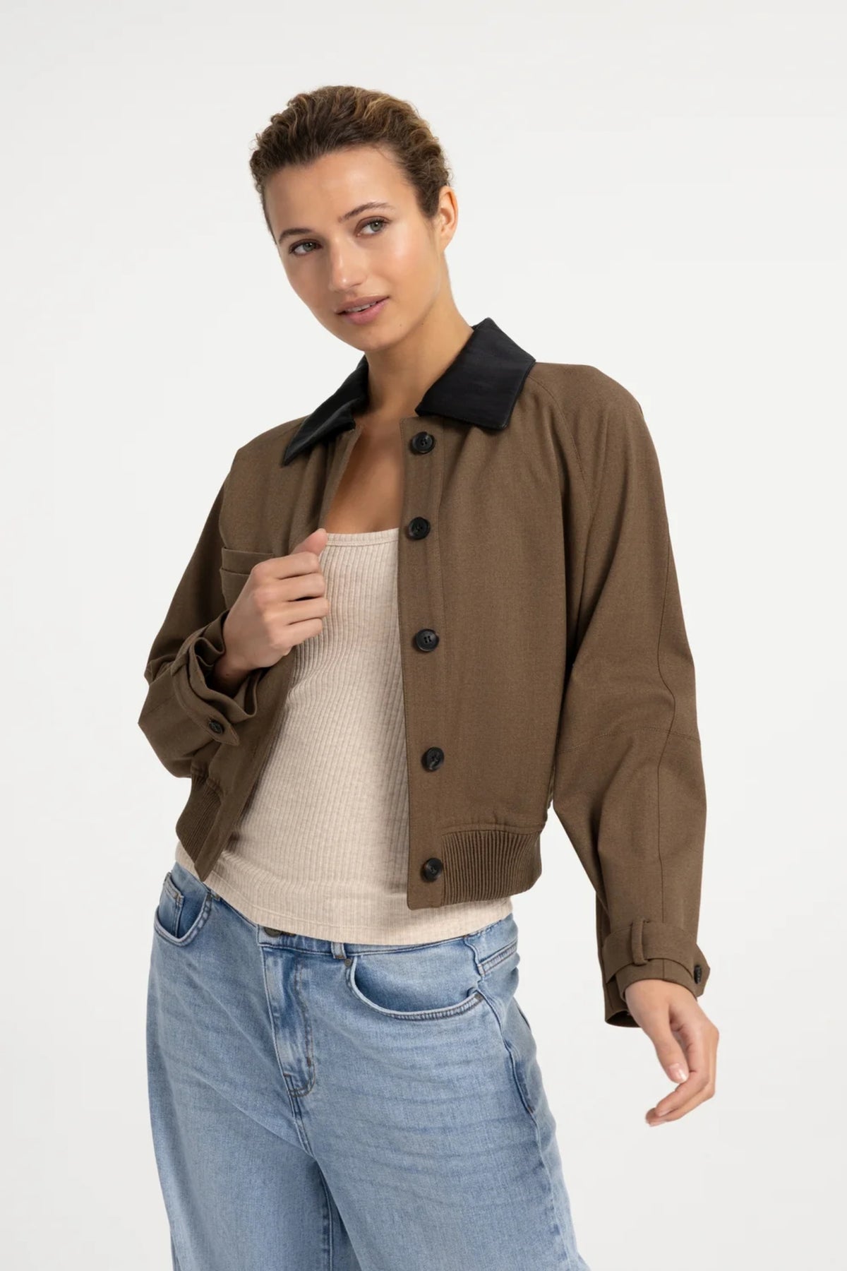Yaya 02-001079-608 Jacket with Leather Look Collar Teak Brown Melange