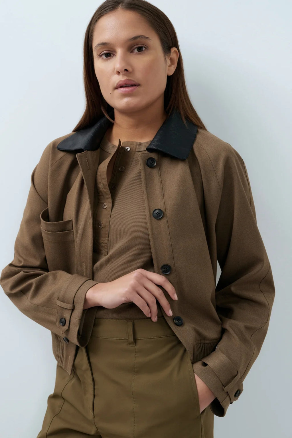 Yaya 02-001079-608 Jacket with Leather Look Collar Teak Brown Melange
