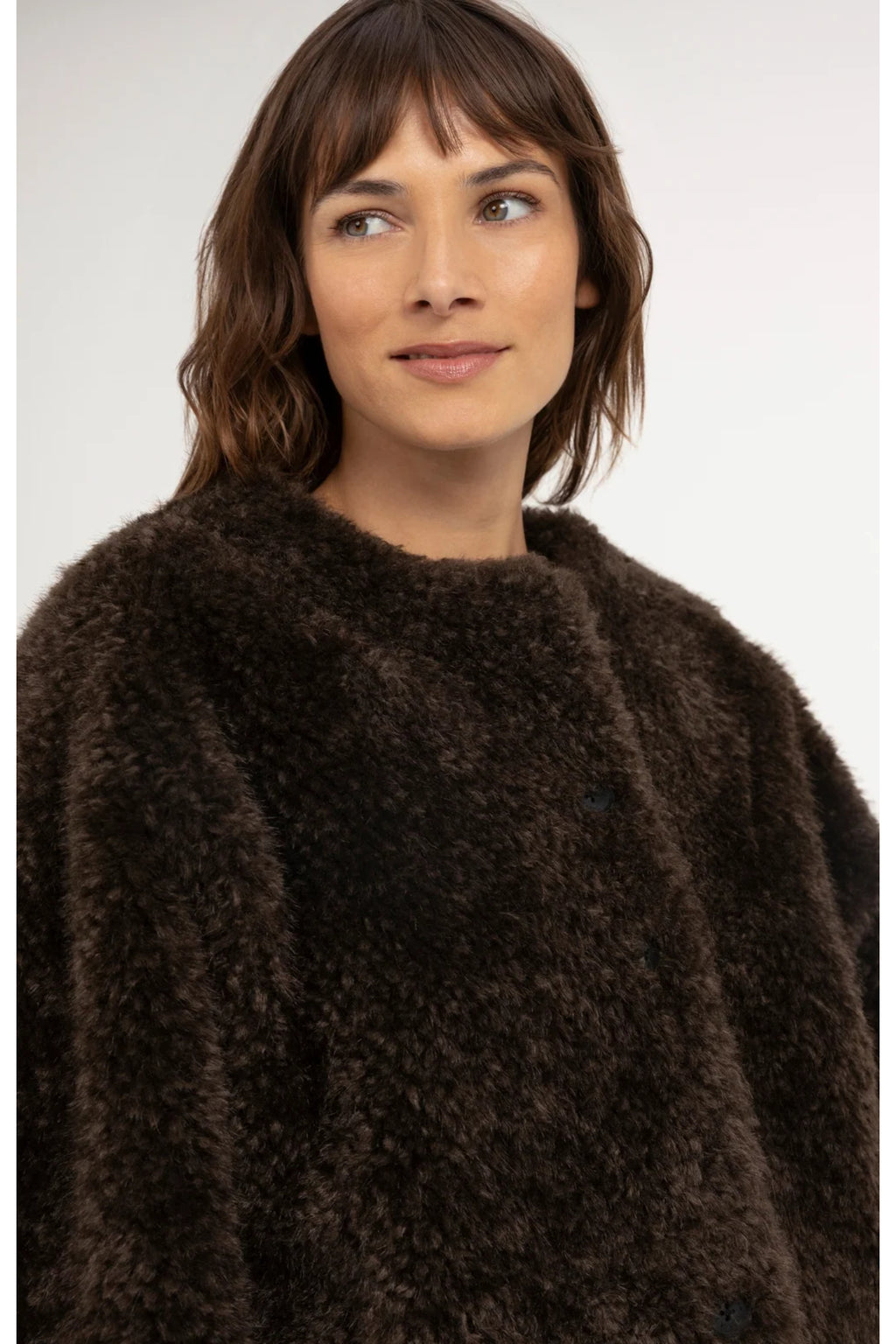 Yaya 02-001092-610 Oversized Short Faux Fur Jacket with Buttons Delicioso Brown by YAYA Shop YAYA at Dotique