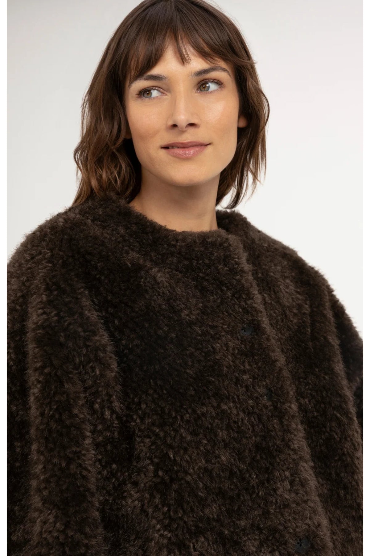 Yaya 02-001092-610 Oversized Short Faux Fur Jacket with Buttons Delicioso Brown by YAYA Shop YAYA at Dotique