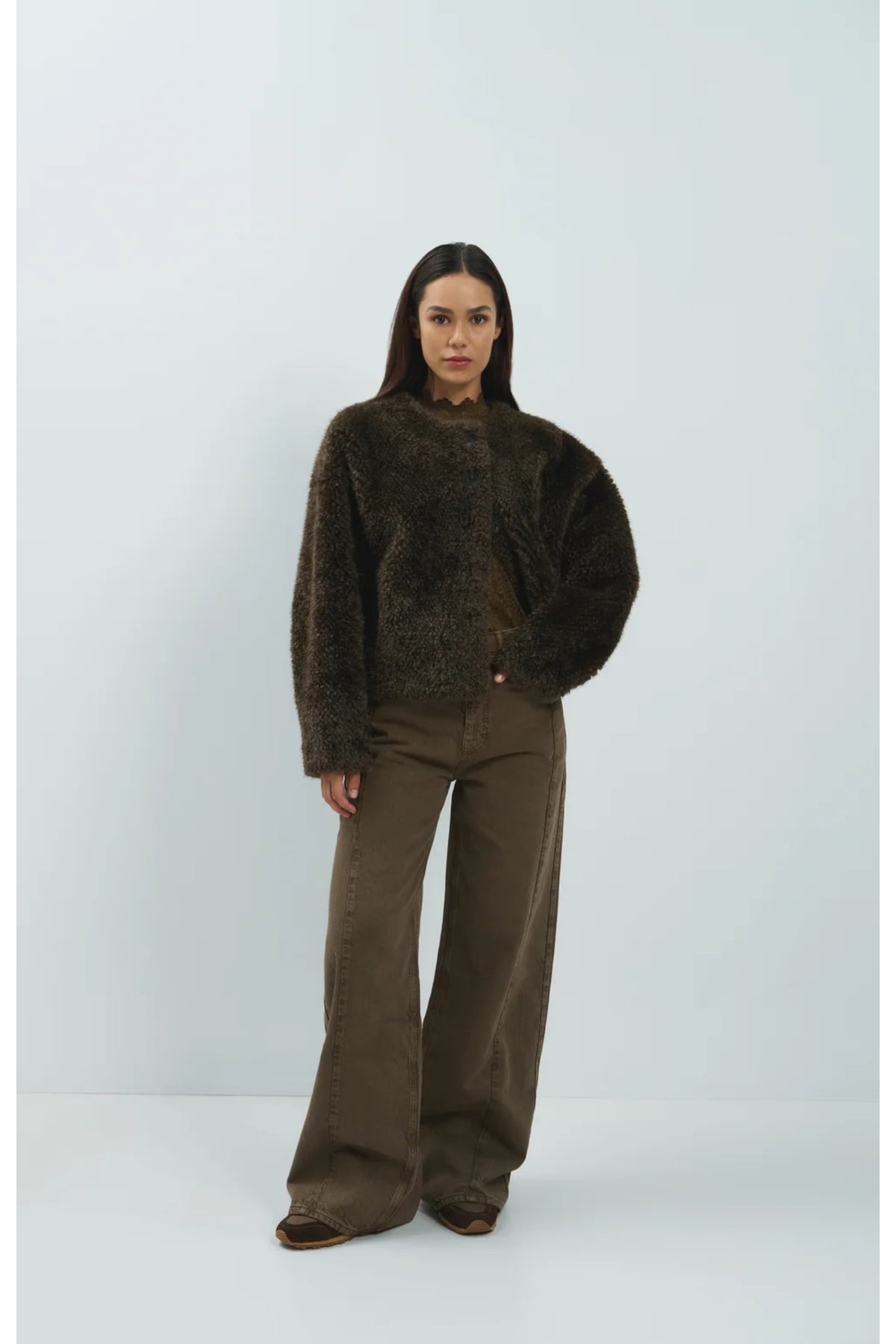 Yaya 02-001092-610 Oversized Short Faux Fur Jacket with Buttons Delicioso Brown model wearing YAYA Shop YAYA at Dotique