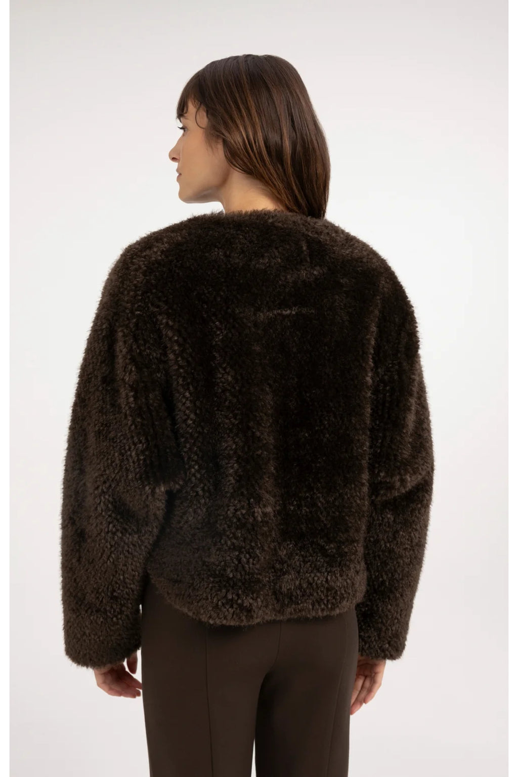 Yaya 02-001092-610 Oversized Short Faux Fur Jacket with Buttons Delicioso Brown back view YAYA Shop YAYA at Dotique