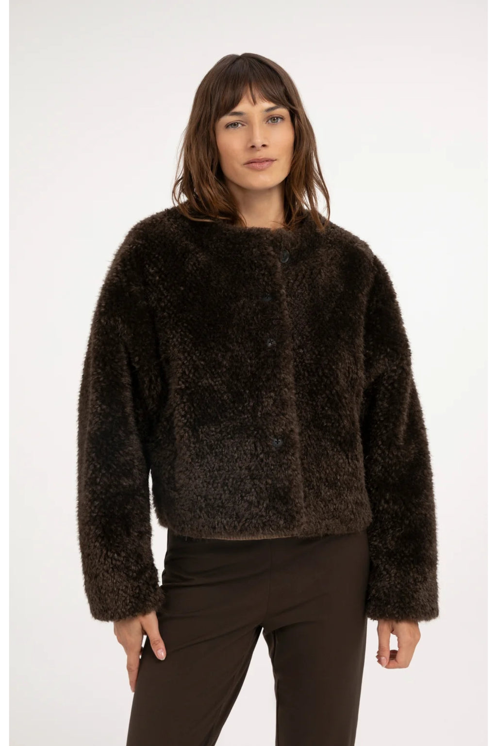 Yaya 02-001092-610 Oversized Short Faux Fur Jacket with Buttons Delicioso Brown, YAYA, Shop YAYA at Dotique