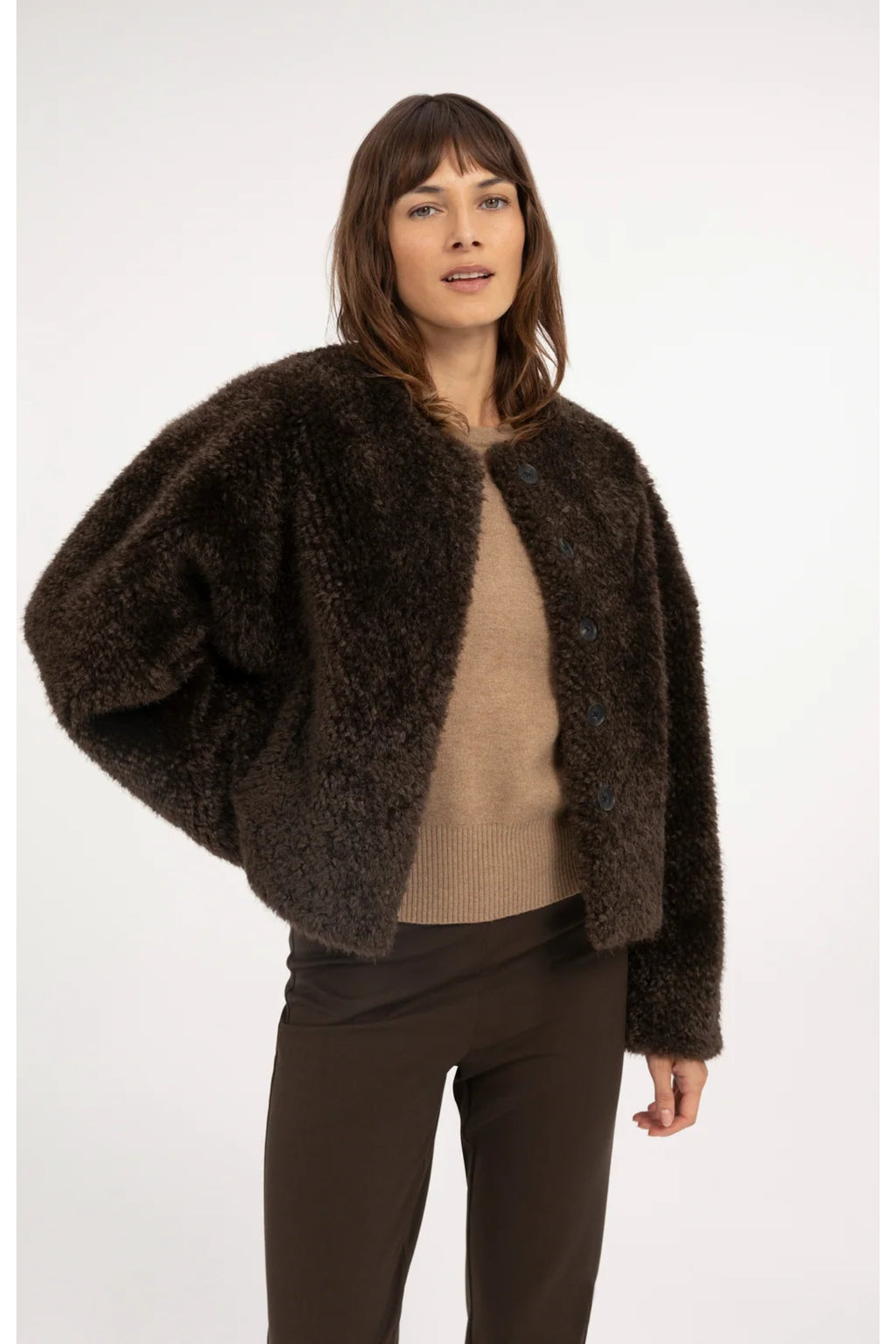 Yaya 02-001092-610 Oversized Short Faux Fur Jacket with Buttons Delicioso Brown by YAYA, Shop YAYA at Dotique