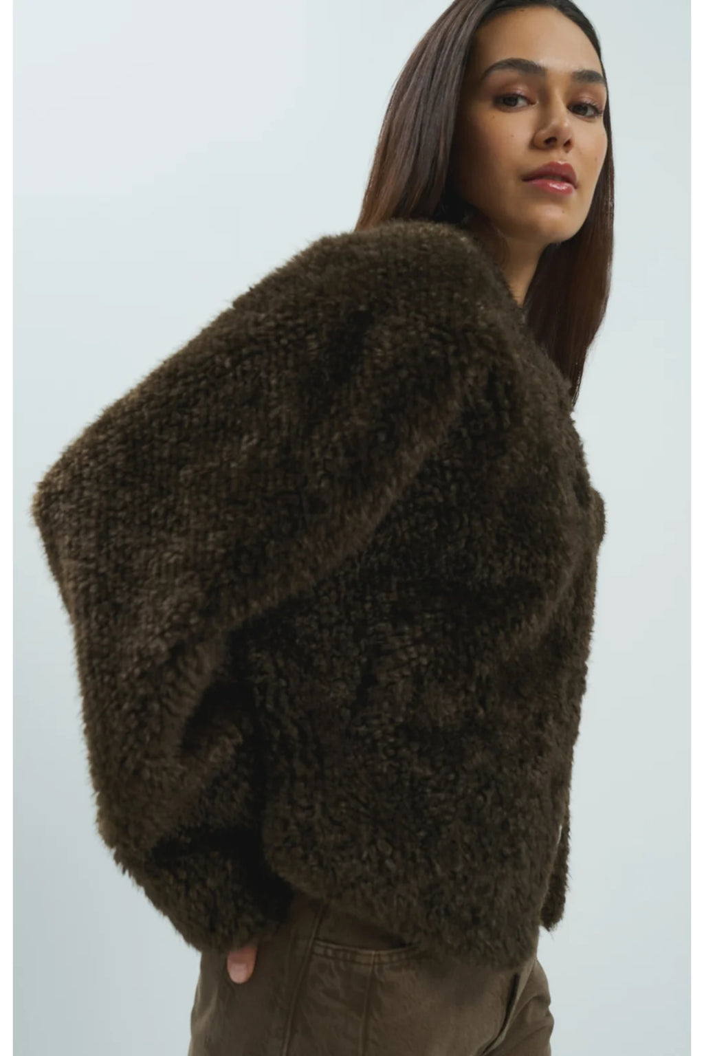 Yaya 02-001092-610 Oversized Short Faux Fur Jacket with Buttons Delicioso Brown by YAYA Shop YAYA at Dotique