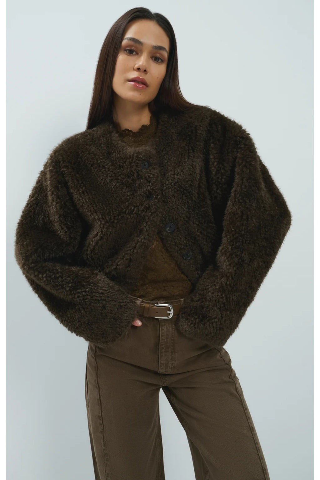 Yaya 02-001092-610 Oversized Short Faux Fur Jacket with Buttons Delicioso Brown YAYA Shop YAYA at Dotique