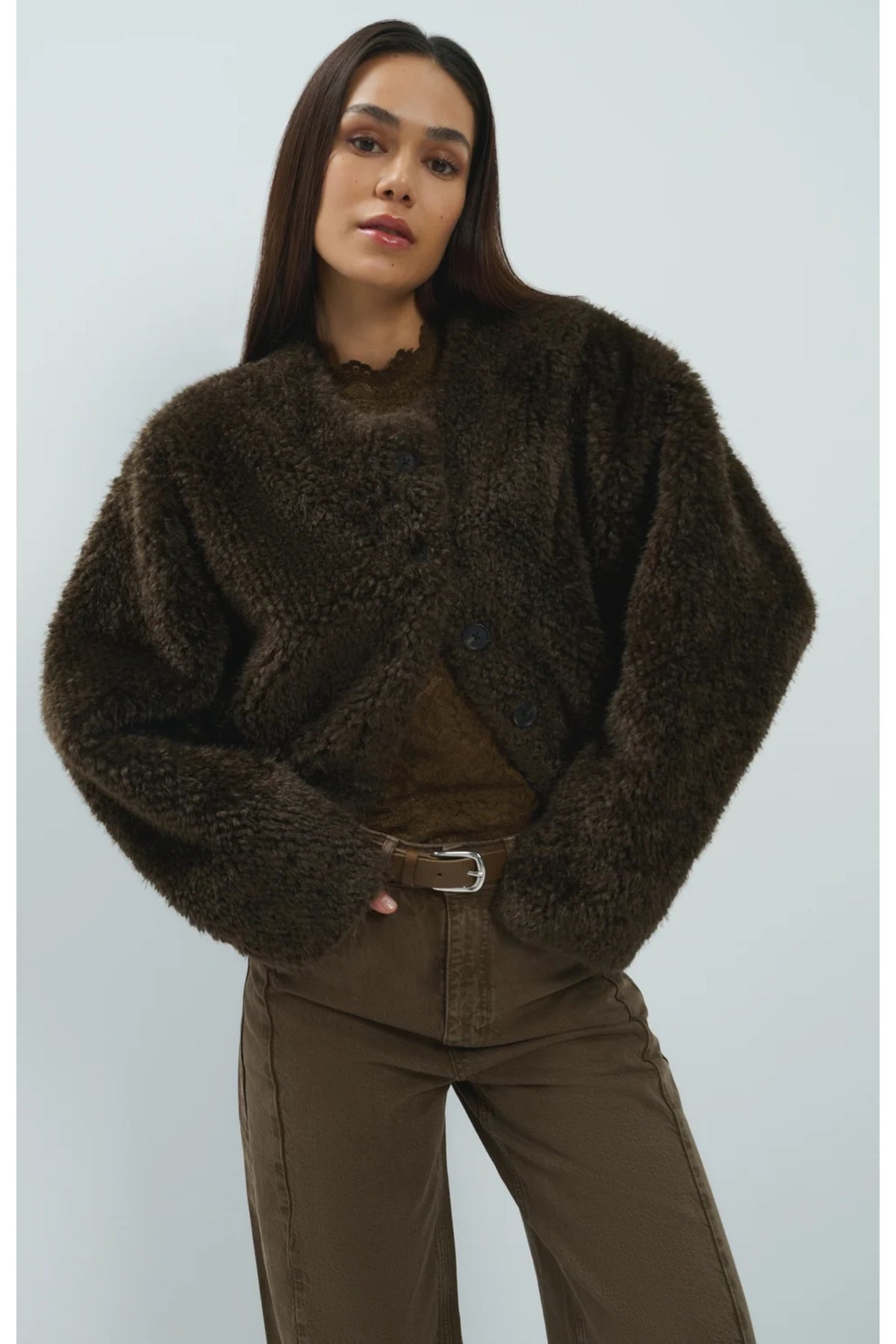Yaya 02-001092-610 Oversized Short Faux Fur Jacket with Buttons Delicioso Brown YAYA Shop YAYA at Dotique