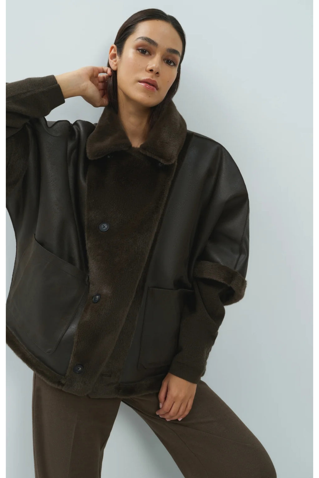 Yaya 02-009089-610 Oversized Reversible Faux Fur Jacket Delicioso Brown by YAYA Shop YAYA at Dotique