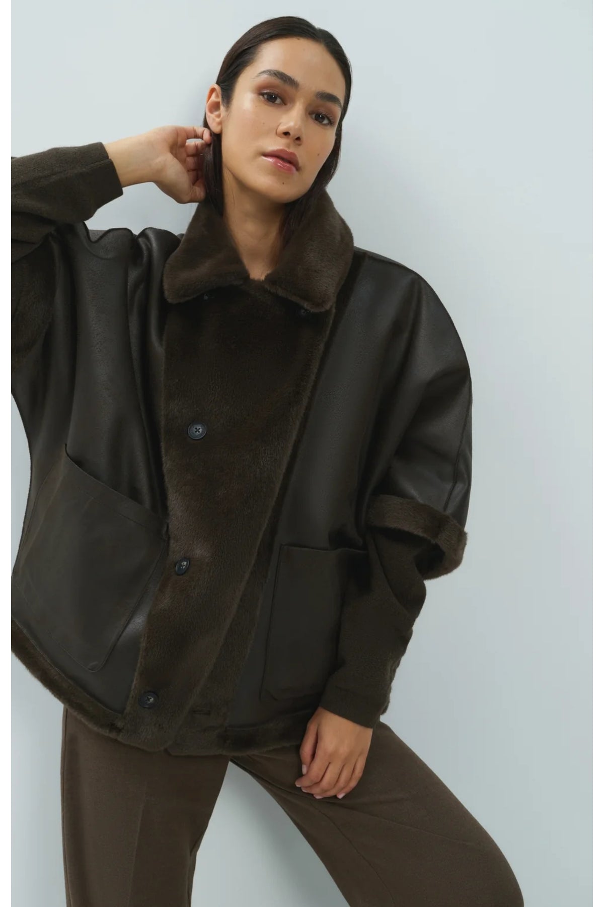 Yaya 02-009089-610 Oversized Reversible Faux Fur Jacket Delicioso Brown by YAYA Shop YAYA at Dotique