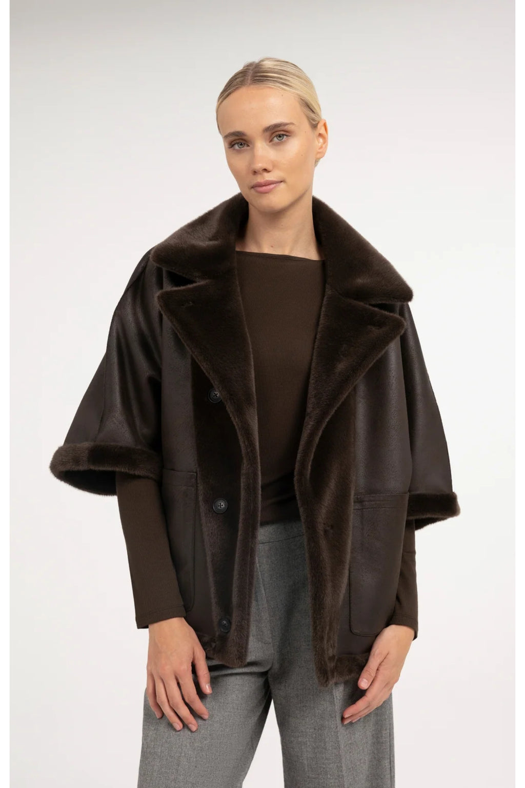 Yaya 02-009089-610 Oversized Reversible Faux Fur Jacket Delicioso Brown by YAYA. You can Shop YAYA at Dotique.