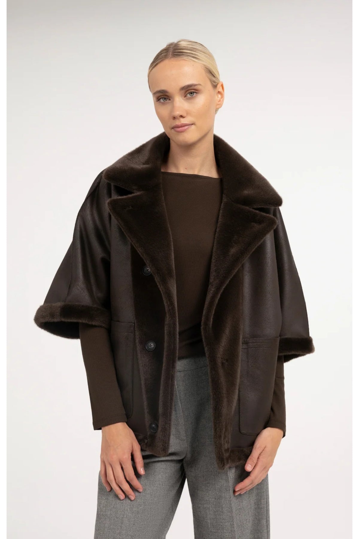 Yaya 02-009089-610 Oversized Reversible Faux Fur Jacket Delicioso Brown by YAYA. You can Shop YAYA at Dotique.