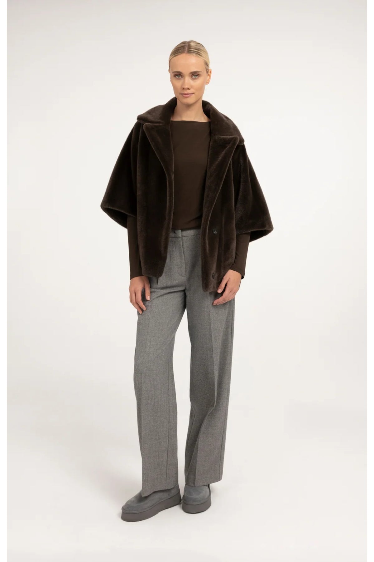 Yaya 02-009089-610 Oversized Reversible Faux Fur Jacket Delicioso Brown on model YAYA Shop YAYA at Dotique