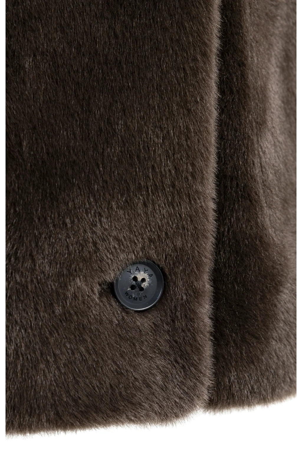 Yaya 02-009089-610 Oversized Reversible Faux Fur Jacket Delicioso Brown close-up faux fur and button. Shop YAYA at Dotique