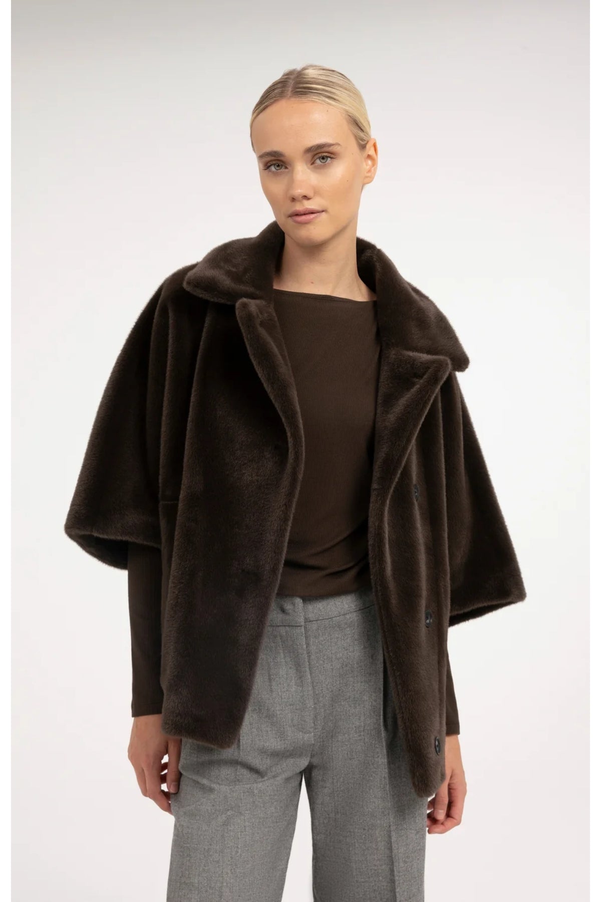 Yaya 02-009089-610 Oversized Reversible Faux Fur Jacket Delicioso Brown by YAYA. You can Shop YAYA at Dotique