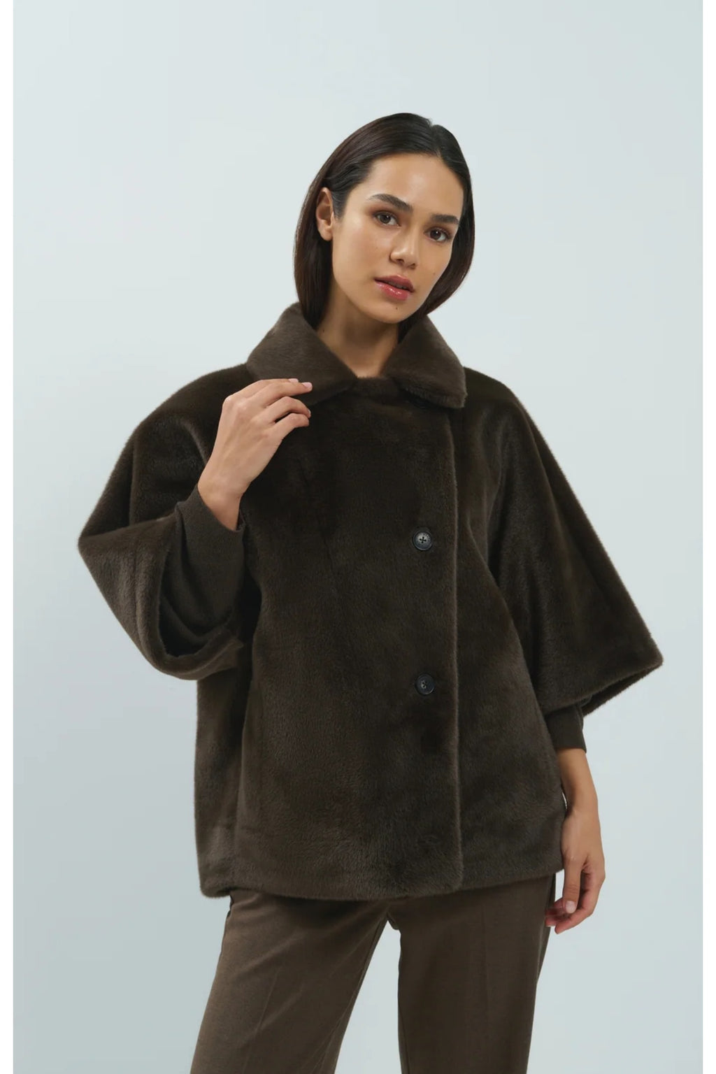 Yaya 02-009089-610 Oversized Reversible Faux Fur Jacket Delicioso Brown YAYA jacket on model Shop YAYA at Dotique