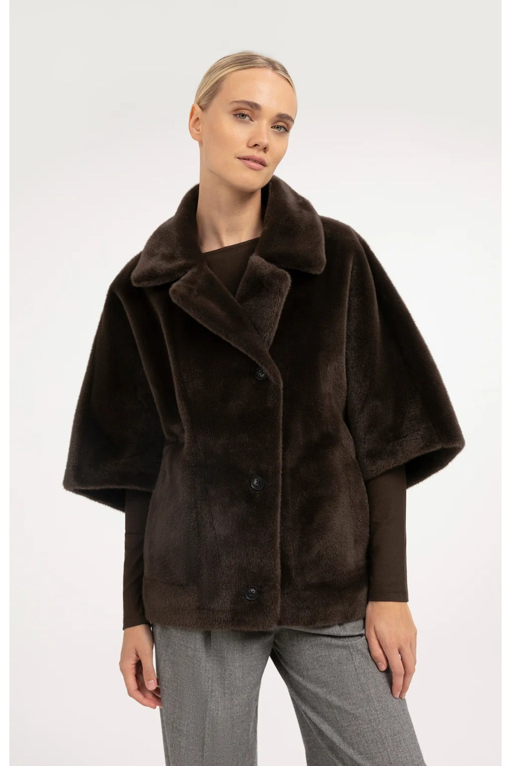 Yaya 02-009089-610 Oversized Reversible Faux Fur Jacket Delicioso Brown shown on model. YAYA. You can Shop YAYA at Dotique