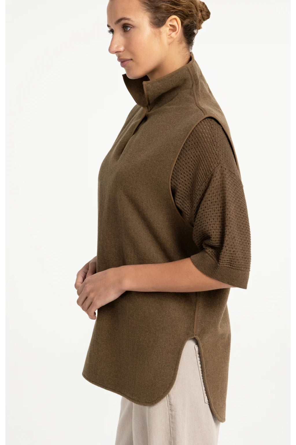 YAYA 02-021008-608 Wool Blend Body Warmer with Stand-up Collar Teak Brown