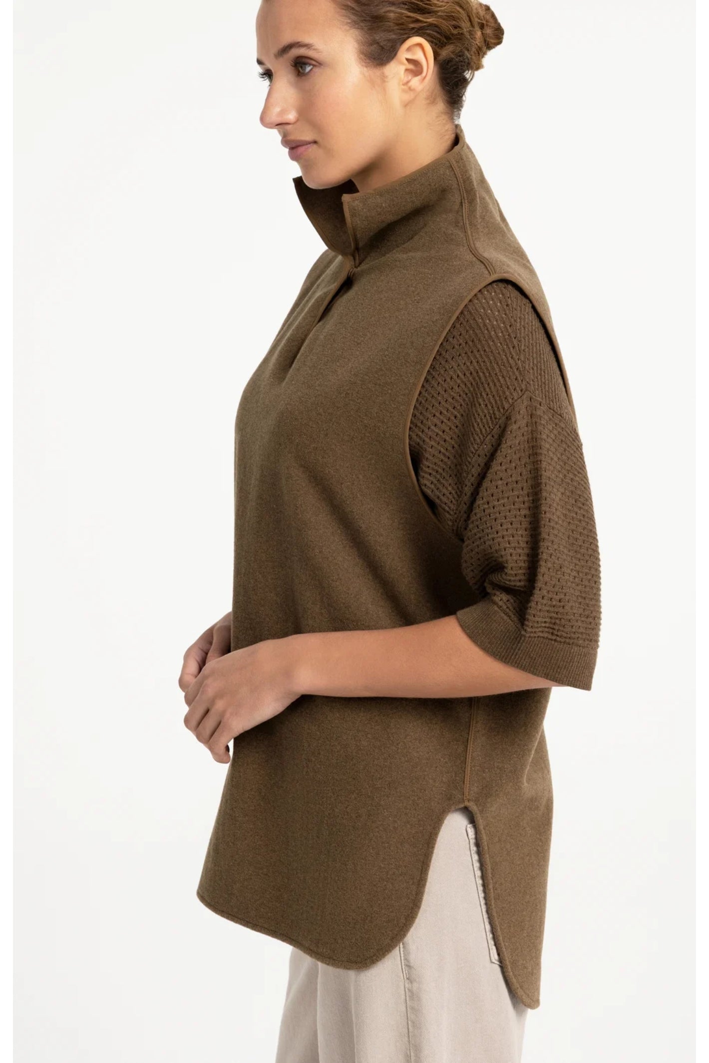 YAYA 02-021008-608 Wool Blend Body Warmer with Stand-up Collar Teak Brown