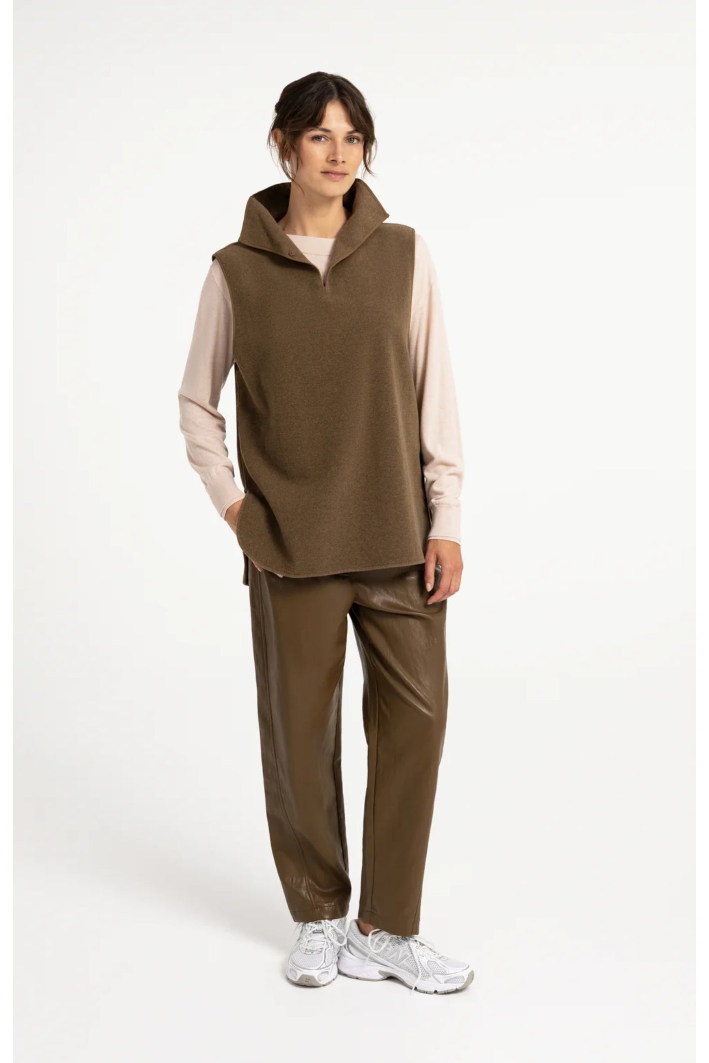 YAYA 02-021008-608 Wool Blend Body Warmer with Stand-up Collar Teak Brown
