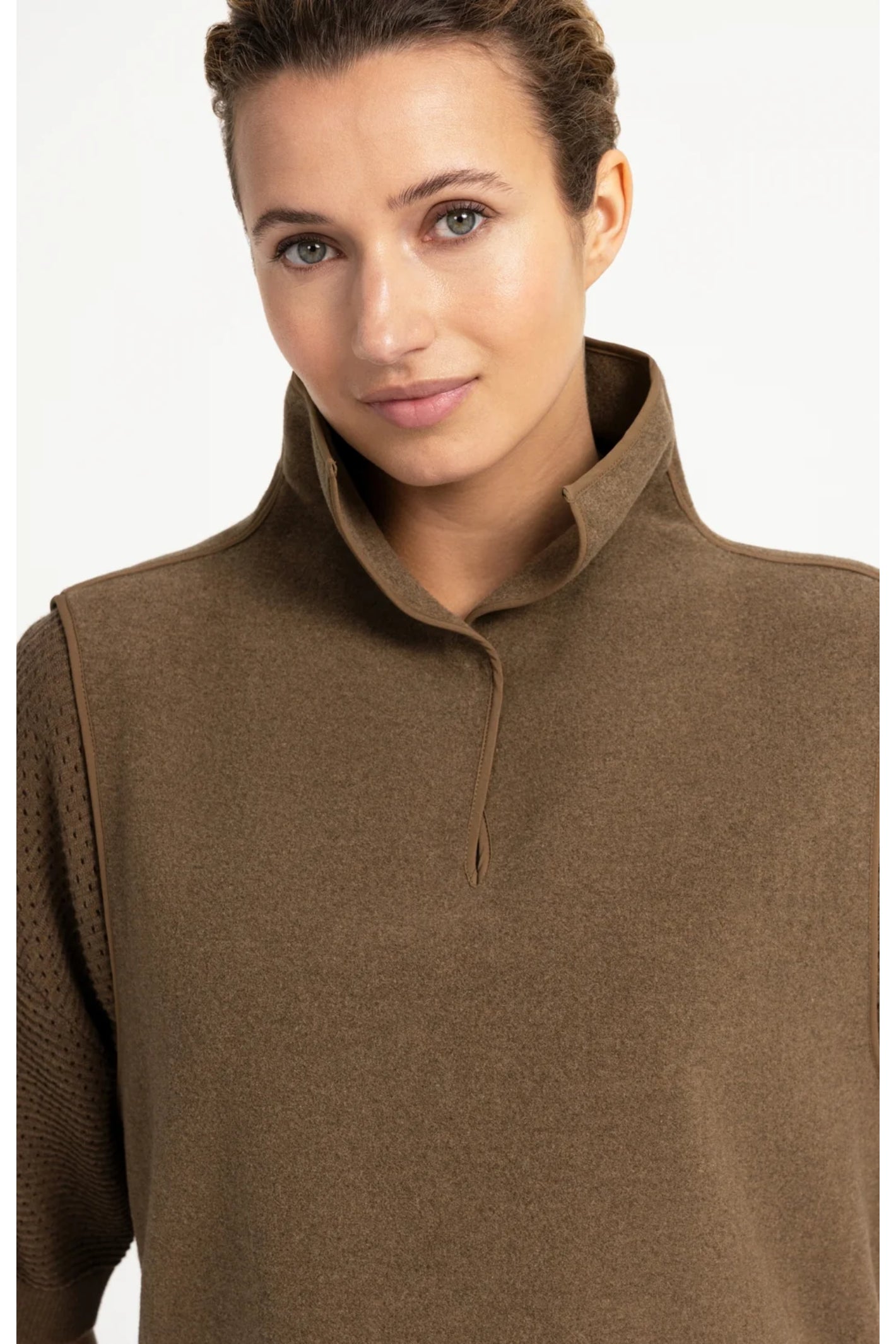 YAYA 02-021008-608 Wool Blend Body Warmer with Stand-up Collar Teak Brown