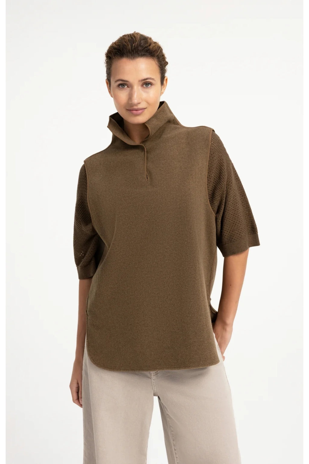 YAYA 02-021008-608 Wool Blend Body Warmer with Stand-up Collar Teak Brown
