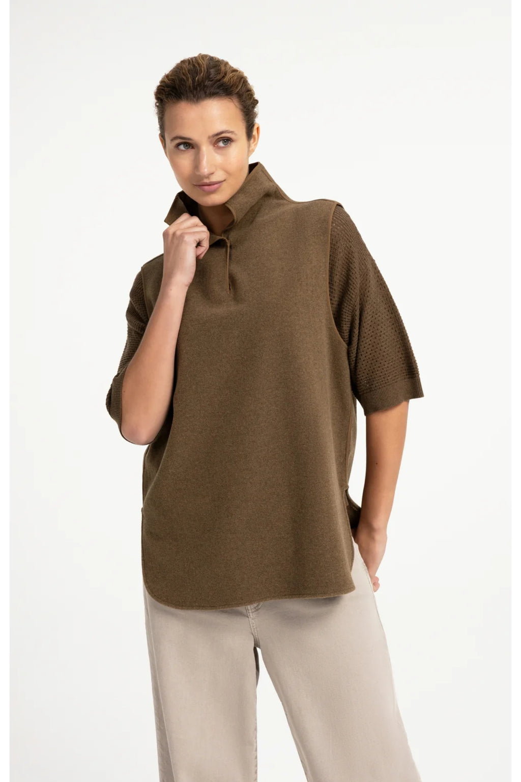 YAYA 02-021008-608 Wool Blend Body Warmer with Stand-up Collar Teak Brown