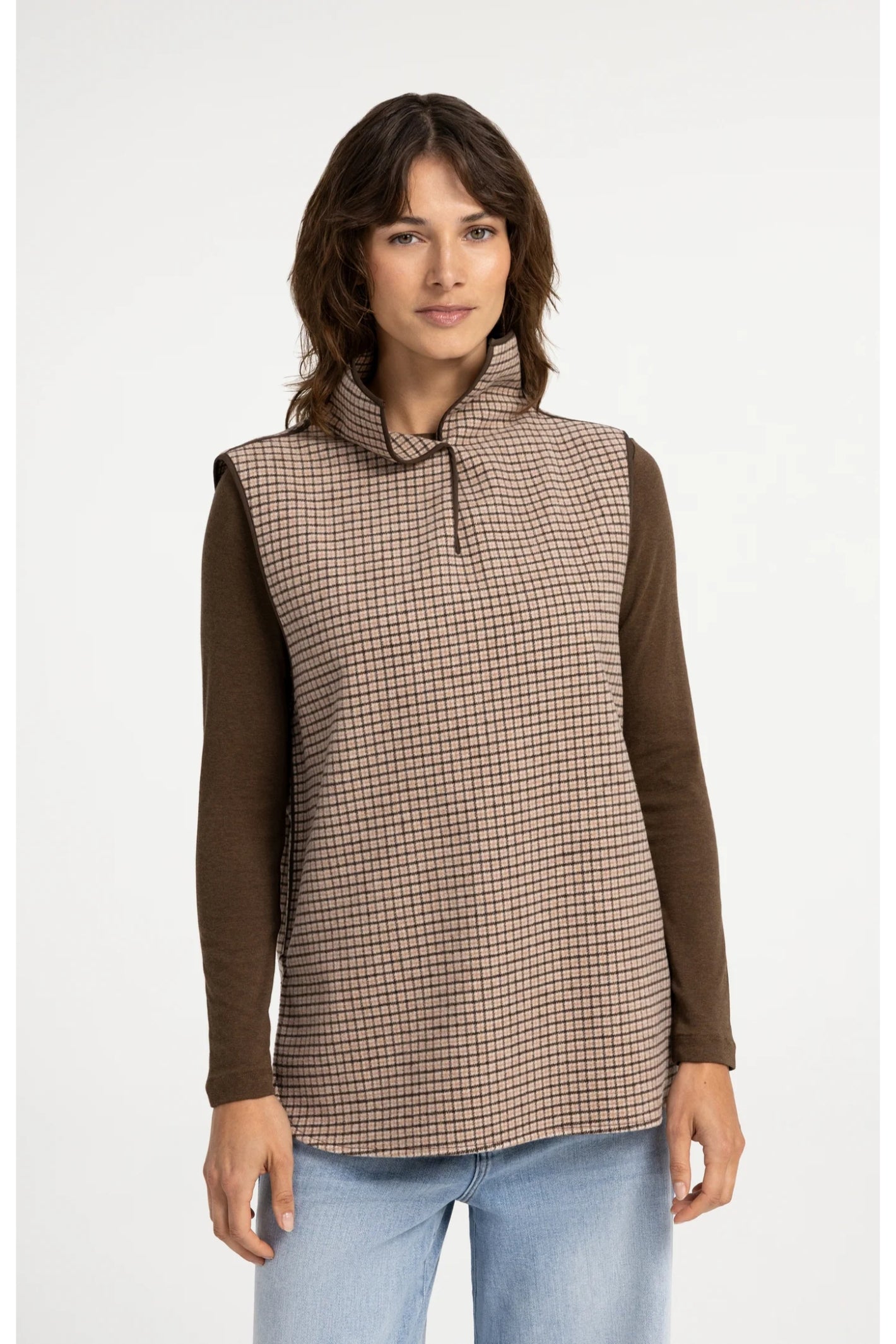 YAYA 02-021013-608 Checked Wool Blend Body Warmer with Stand-up Collar Otter Brown Dessin