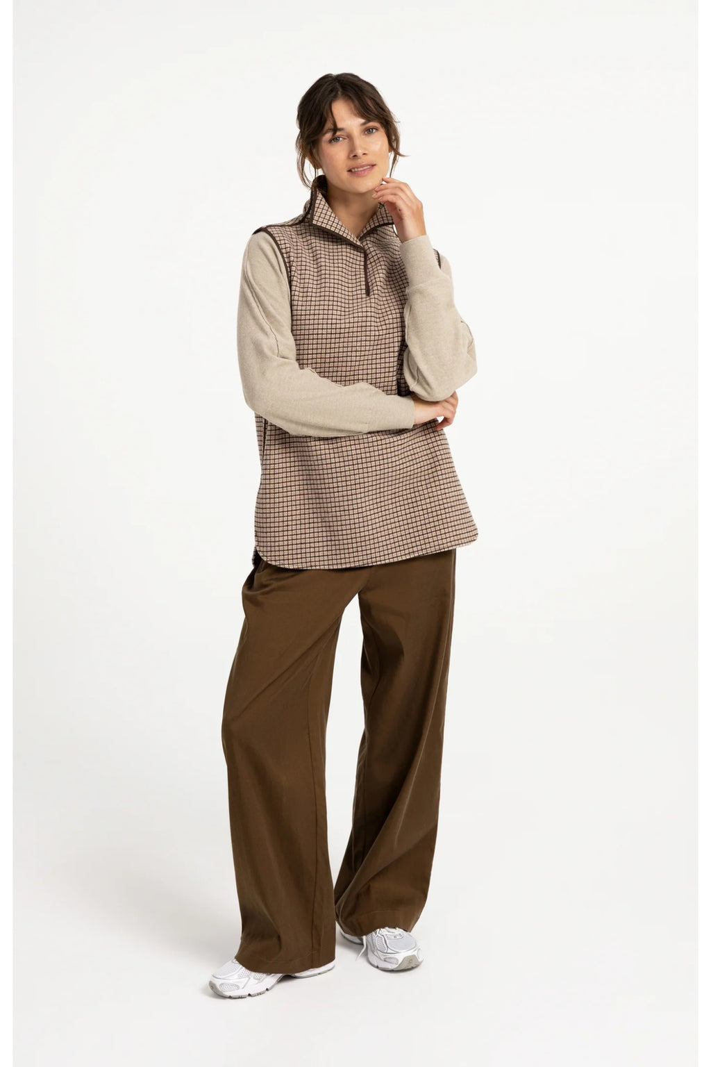 YAYA 02-021013-608 Checked Wool Blend Body Warmer with Stand-up Collar Otter Brown Dessin