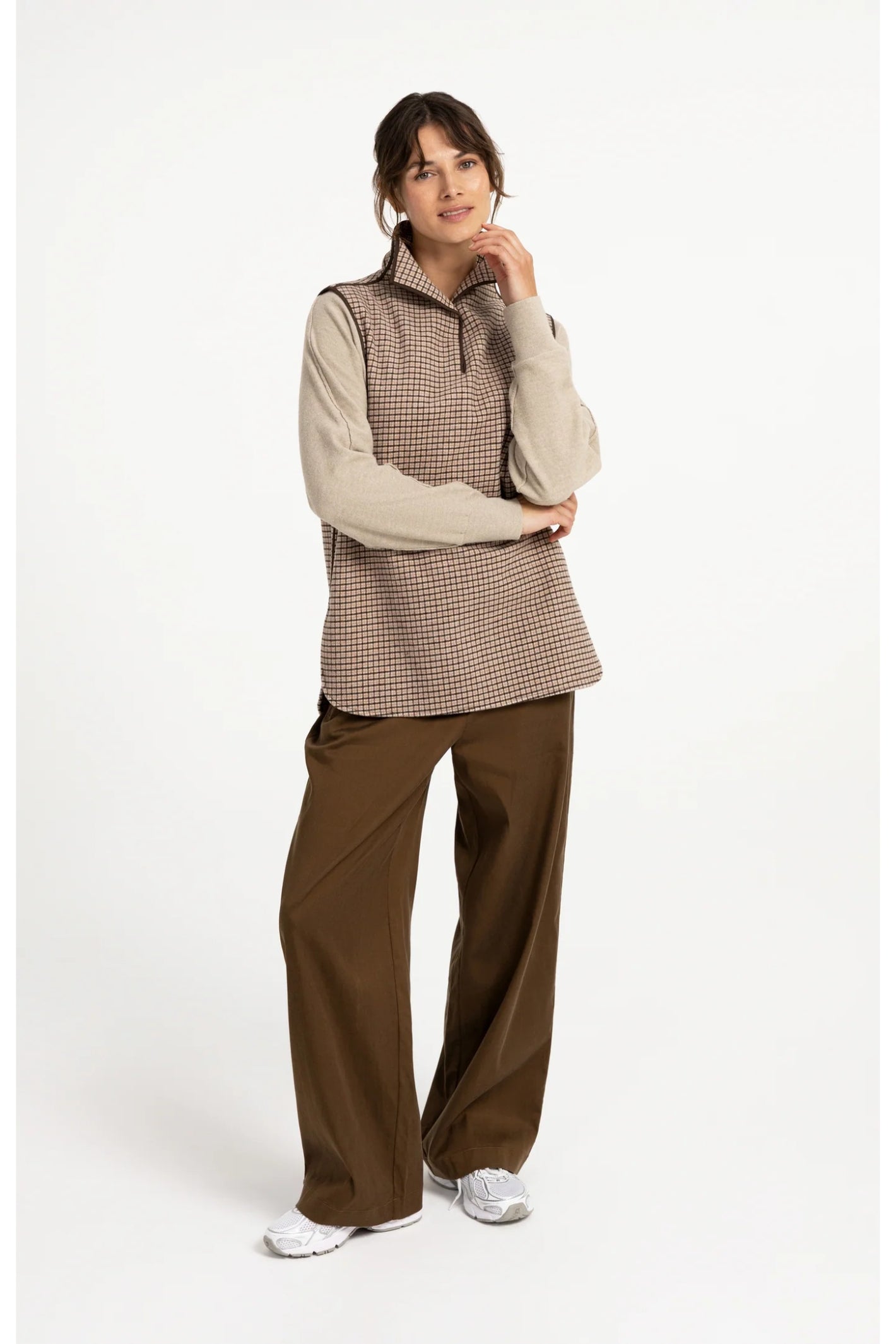 YAYA 02-021013-608 Checked Wool Blend Body Warmer with Stand-up Collar Otter Brown Dessin