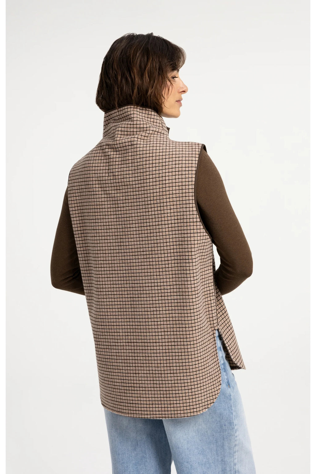 YAYA 02-021013-608 Checked Wool Blend Body Warmer with Stand-up Collar Otter Brown Dessin