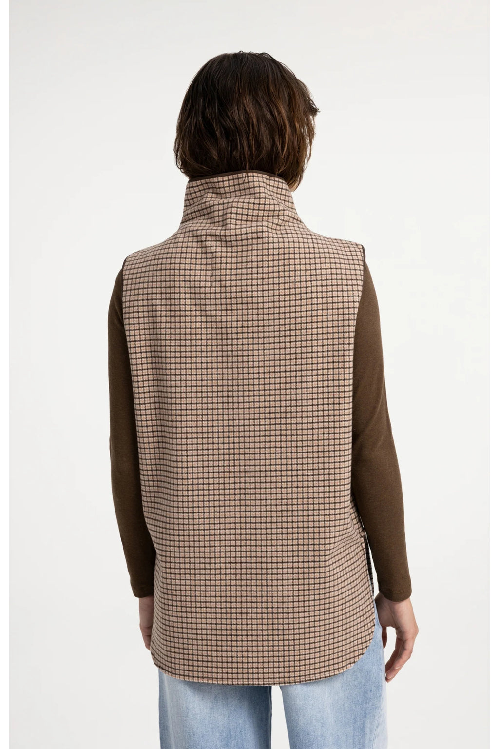 YAYA 02-021013-608 Checked Wool Blend Body Warmer with Stand-up Collar Otter Brown Dessin