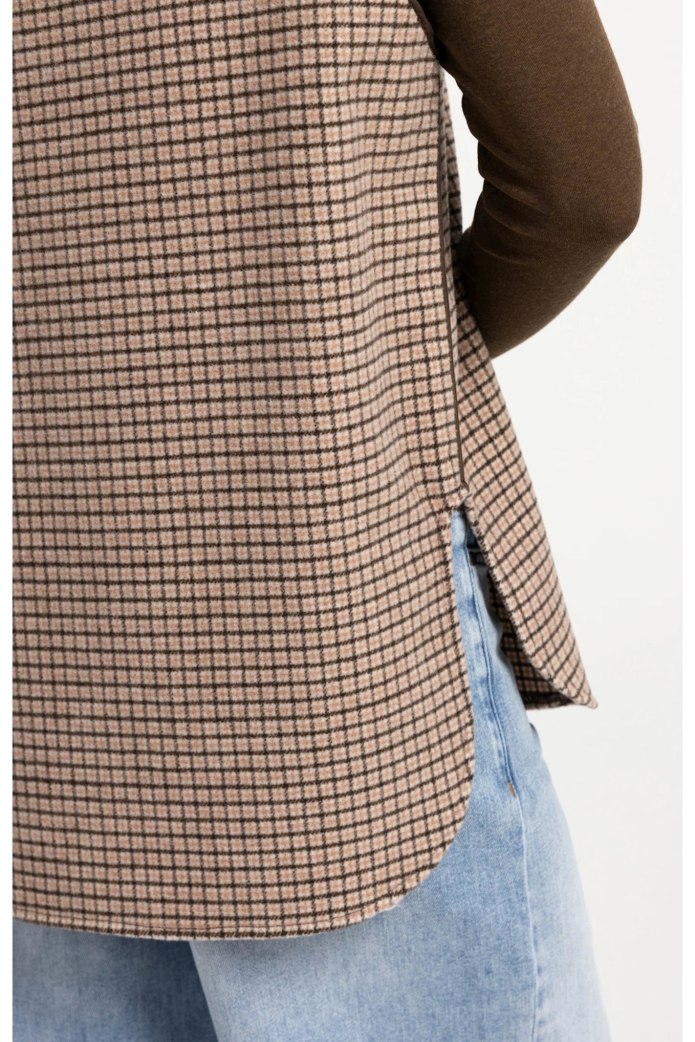 YAYA 02-021013-608 Checked Wool Blend Body Warmer with Stand-up Collar Otter Brown Dessin
