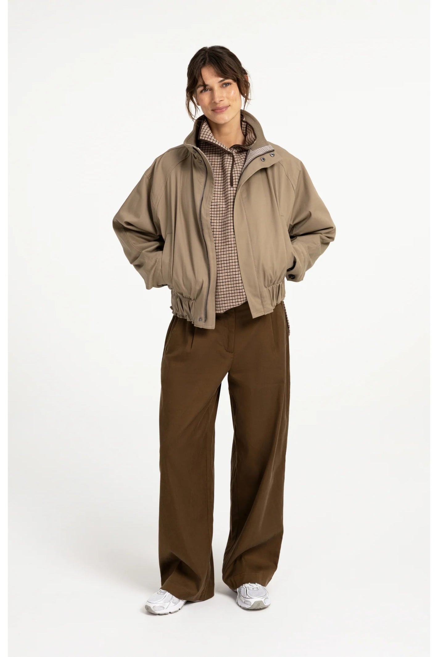 YAYA 02-021013-608 Checked Wool Blend Body Warmer with Stand-up Collar Otter Brown Dessin