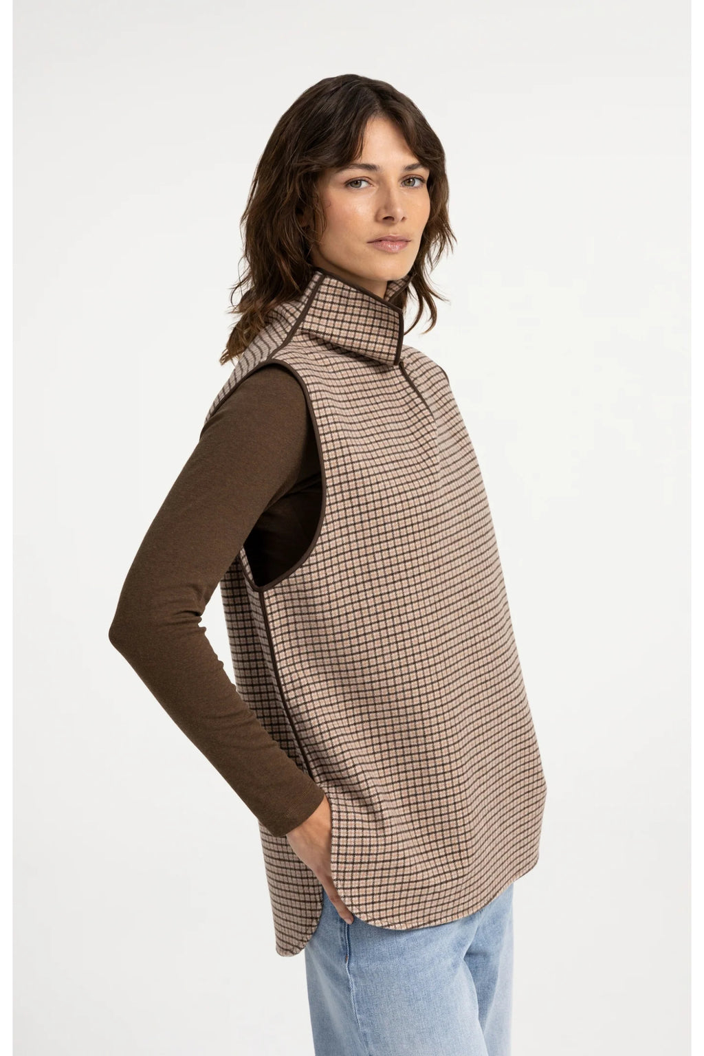 YAYA 02-021013-608 Checked Wool Blend Body Warmer with Stand-up Collar Otter Brown Dessin