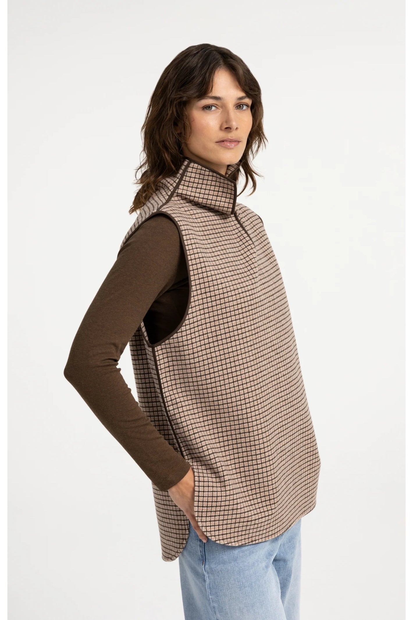 YAYA 02-021013-608 Checked Wool Blend Body Warmer with Stand-up Collar Otter Brown Dessin