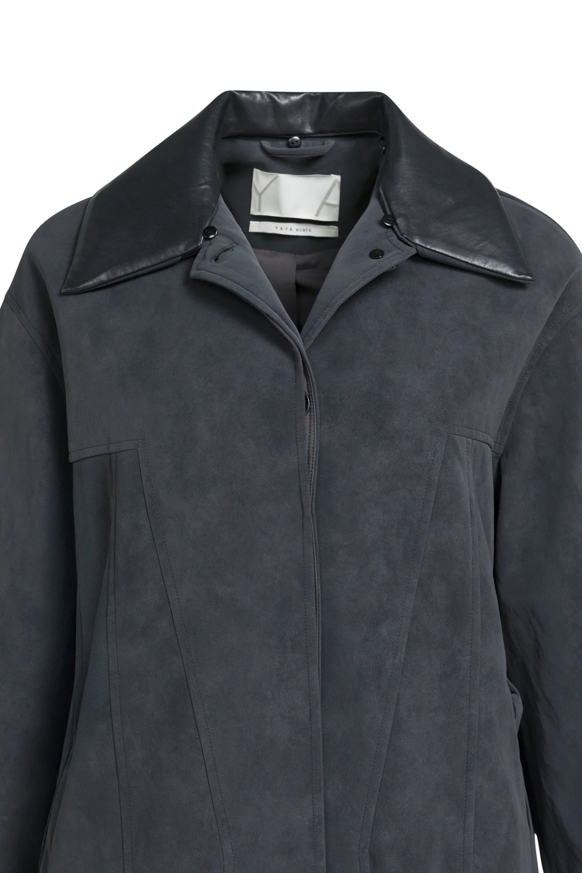 YAYA Faux Nubuck Leather Long Jacket with Detachable Collar - Hole Black 02-009082-609