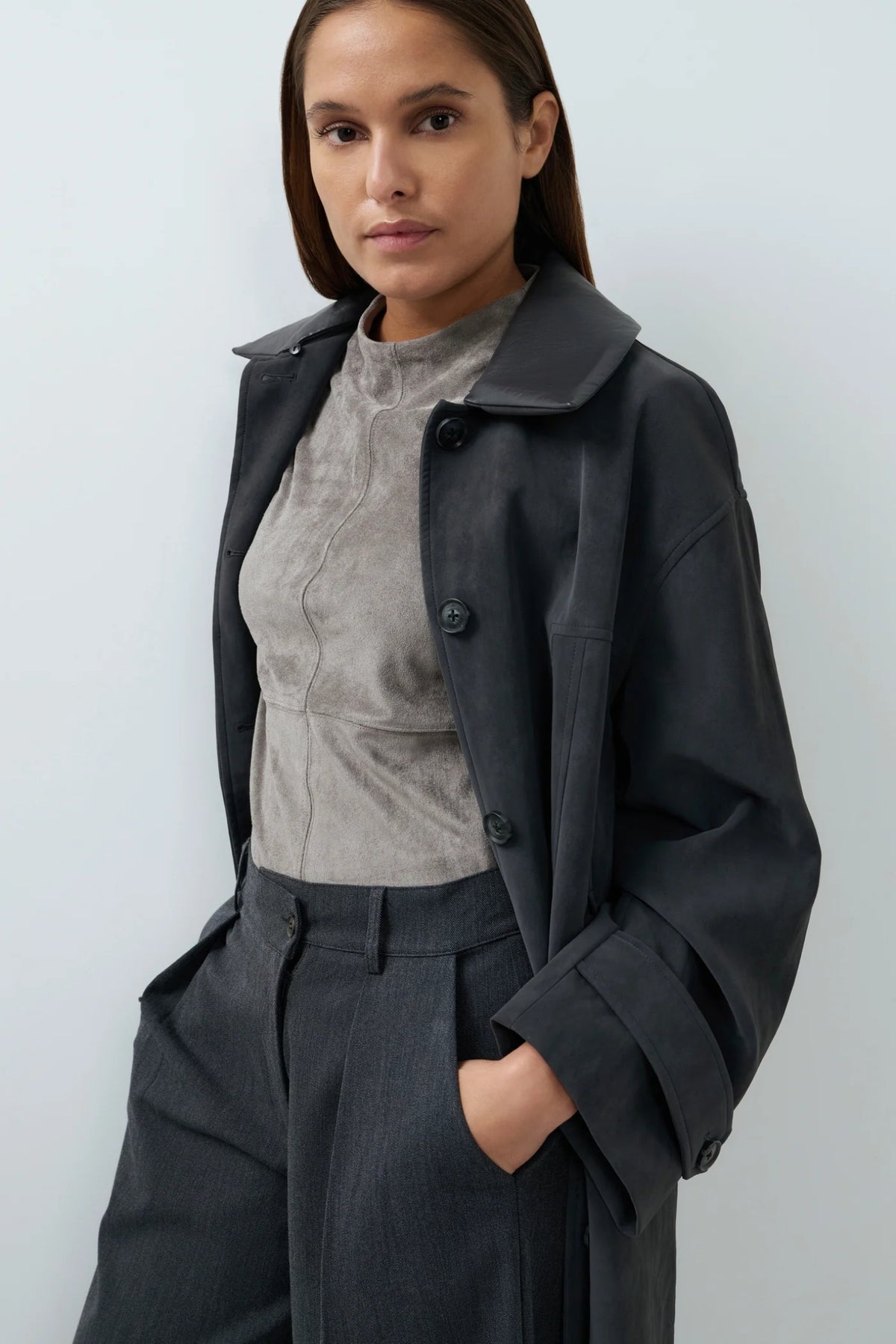YAYA Faux Nubuck Leather Long Jacket with Detachable Collar - Hole Black 02-009082-609