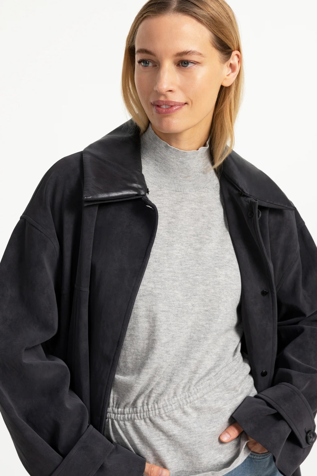 YAYA Faux Nubuck Leather Long Jacket with Detachable Collar - Hole Black 02-009082-609
