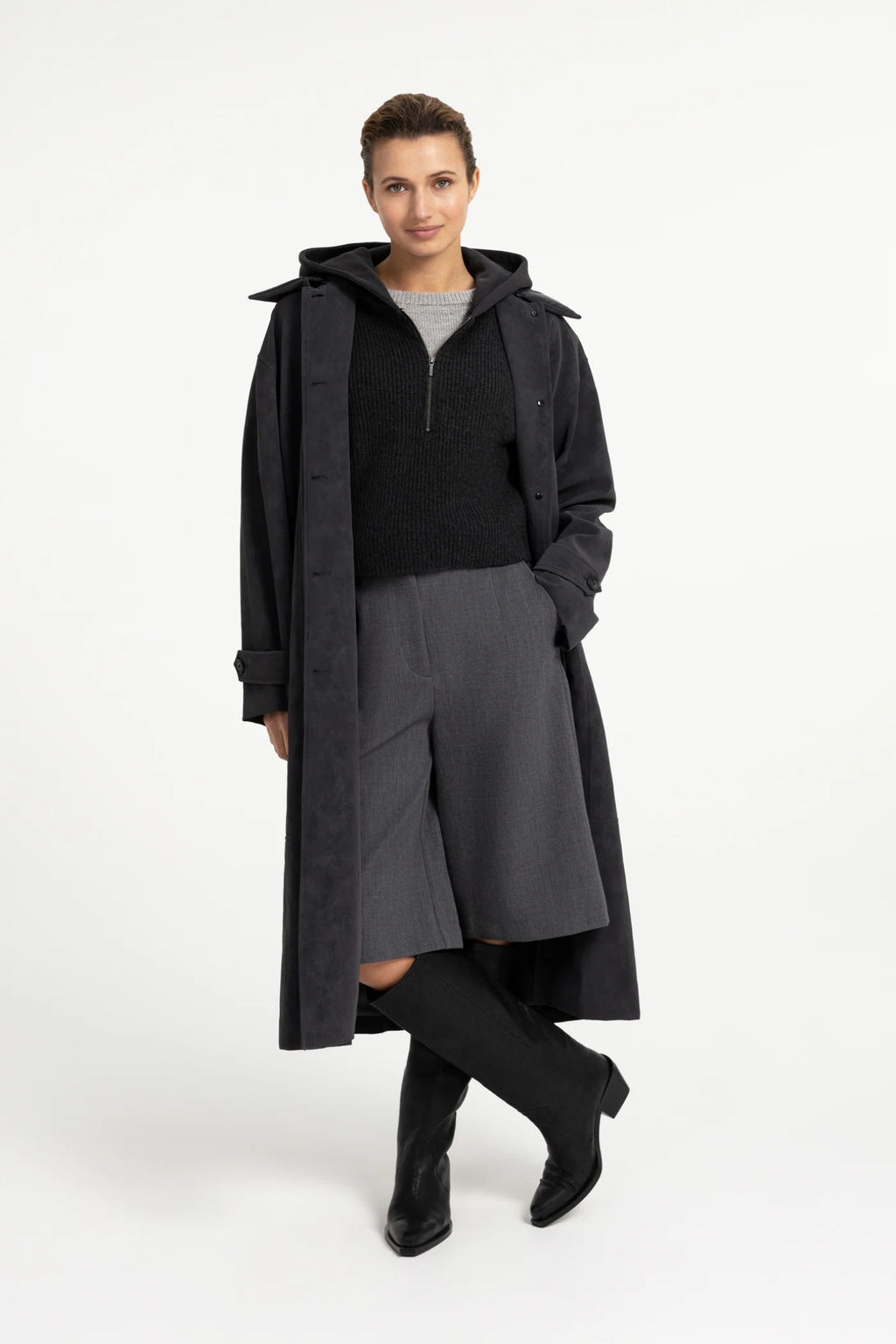 YAYA Faux Nubuck Leather Long Jacket with Detachable Collar - Hole Black 02-009082-609