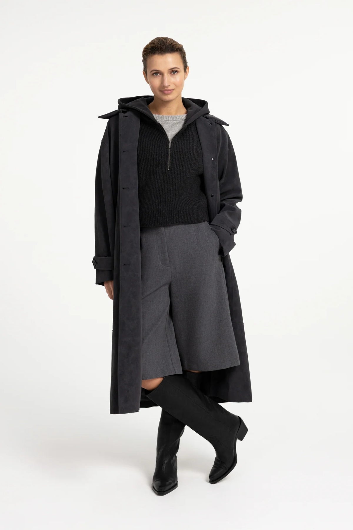 YAYA Faux Nubuck Leather Long Jacket with Detachable Collar - Hole Black 02-009082-609